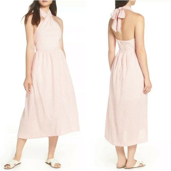 J.Crew Pink White Sarong Seersucker Midi Dress